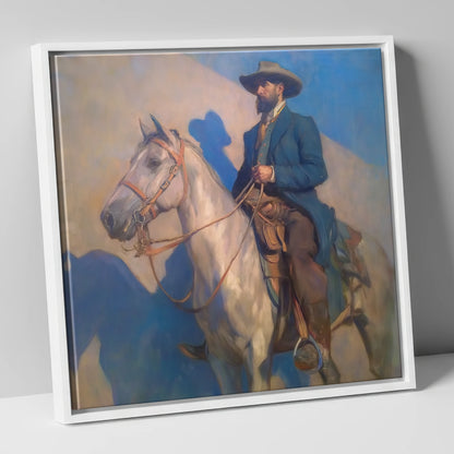 The Quiet Pioneer western horse canvas wall art in white frame
