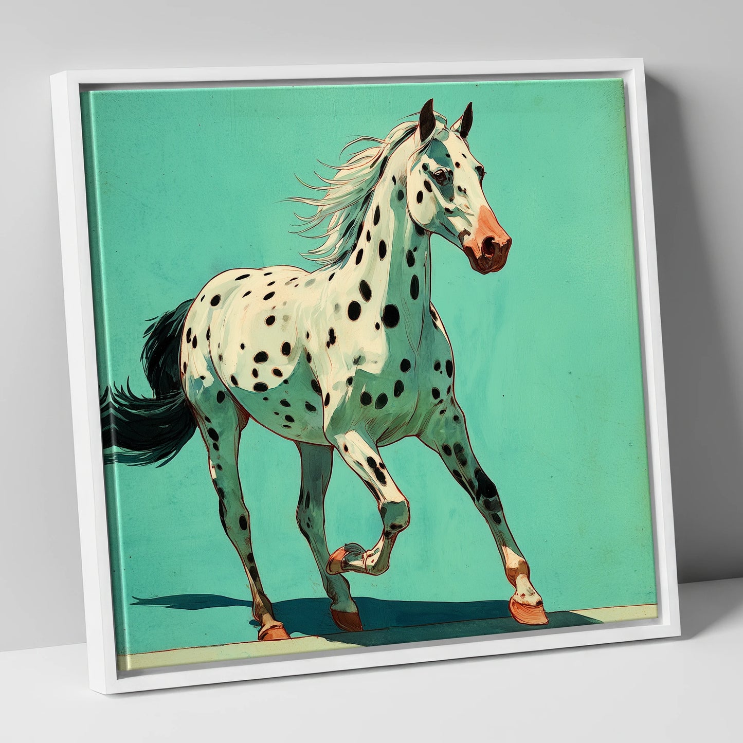Teal Leopard Appaloosa horse breed canvas wall art in white frame