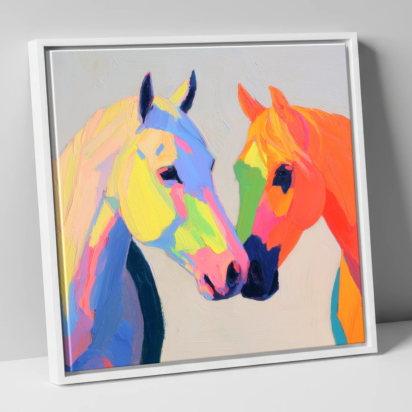Technicolour Companions horse portrait canvas wall art in white frame