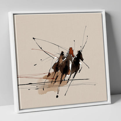 Abstract Polo Charge polo horse canvas wall art in white frame