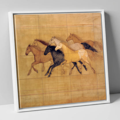 Classical Herd Study wild horses canvas wall art in white frame
