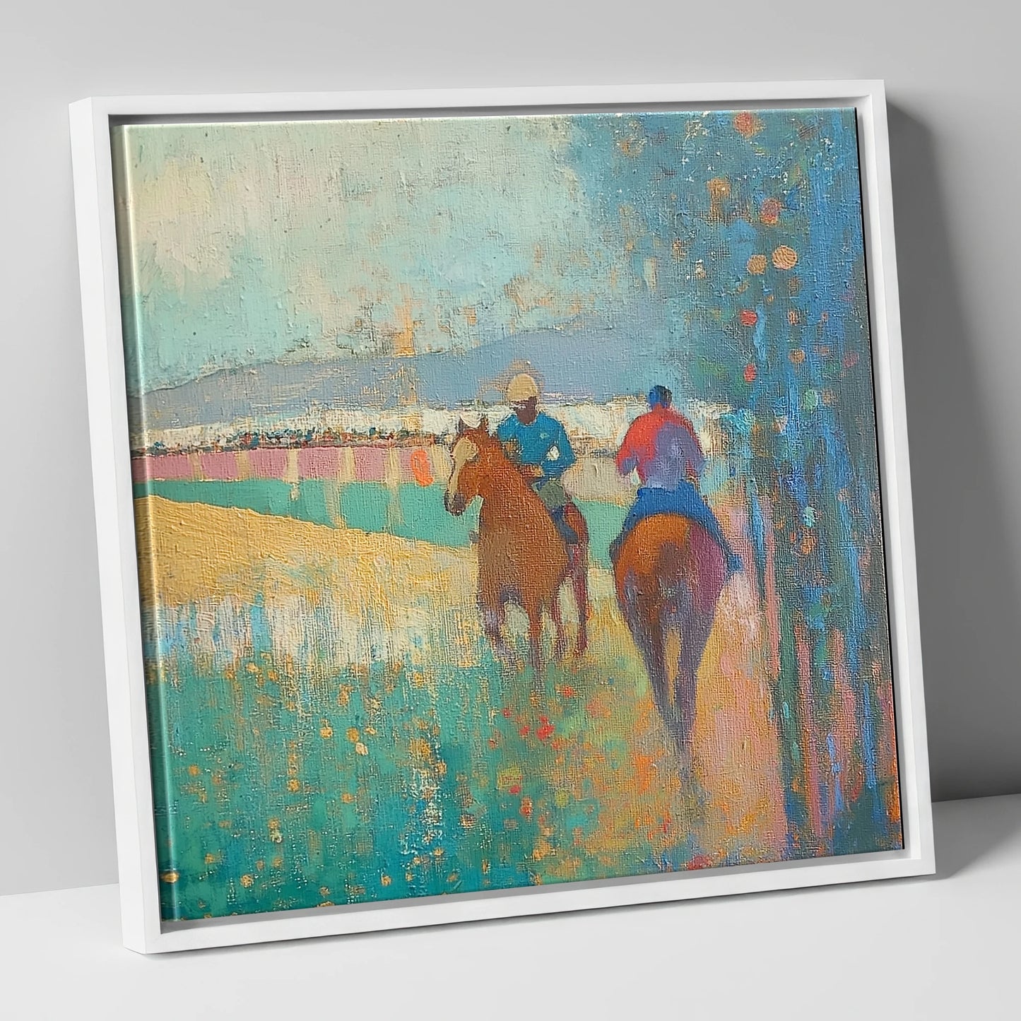 Morning Ride Out racing horse canvas wall art in white frame