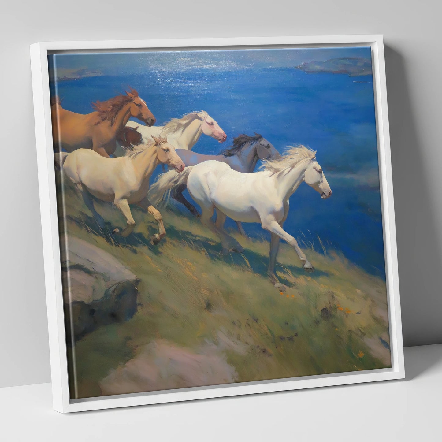 Azure Coastal Gallop wild horses canvas wall art in white frame