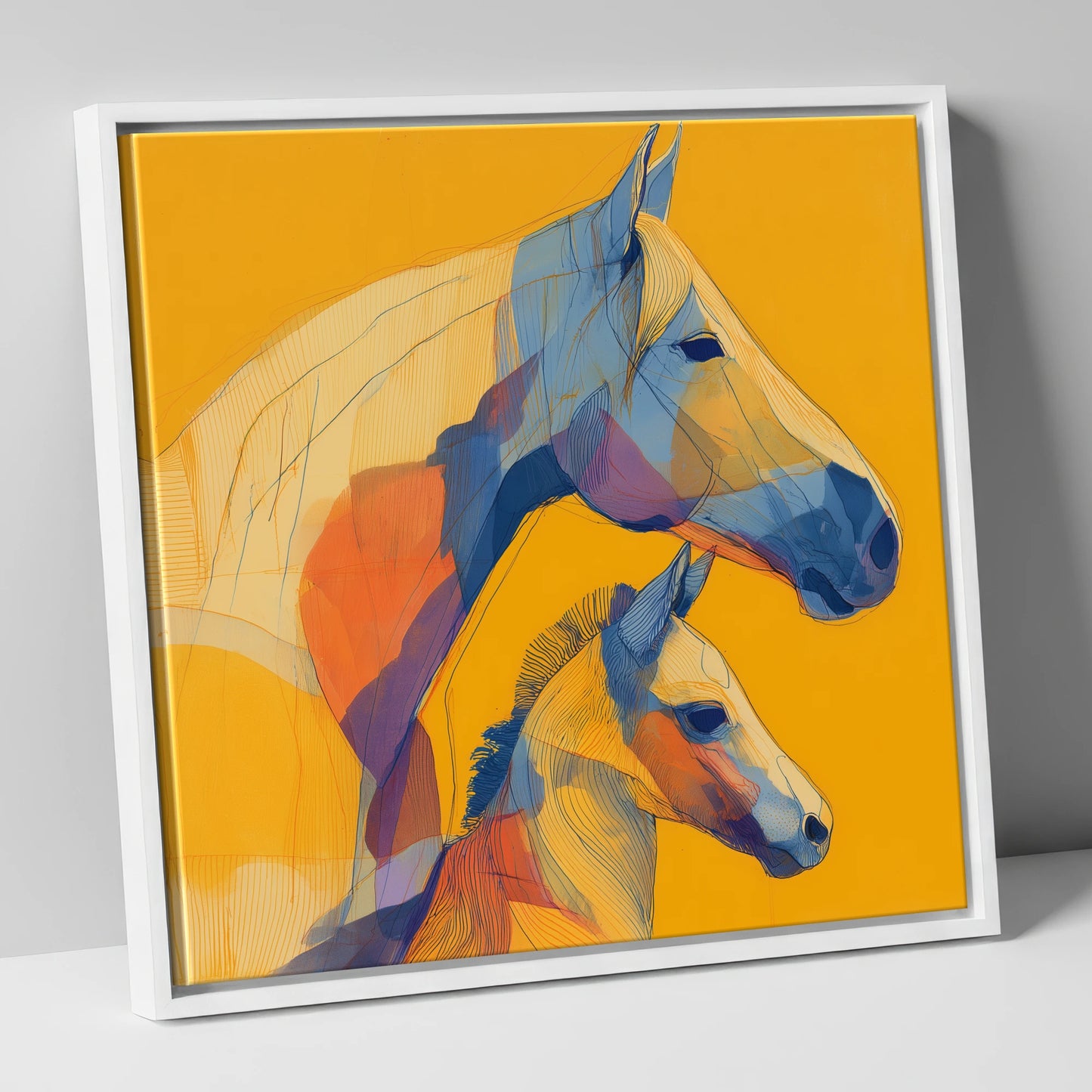 Golden Lineage mare & foal canvas wall art in white frame