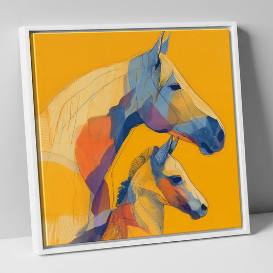 Golden Lineage mare & foal canvas wall art in white frame