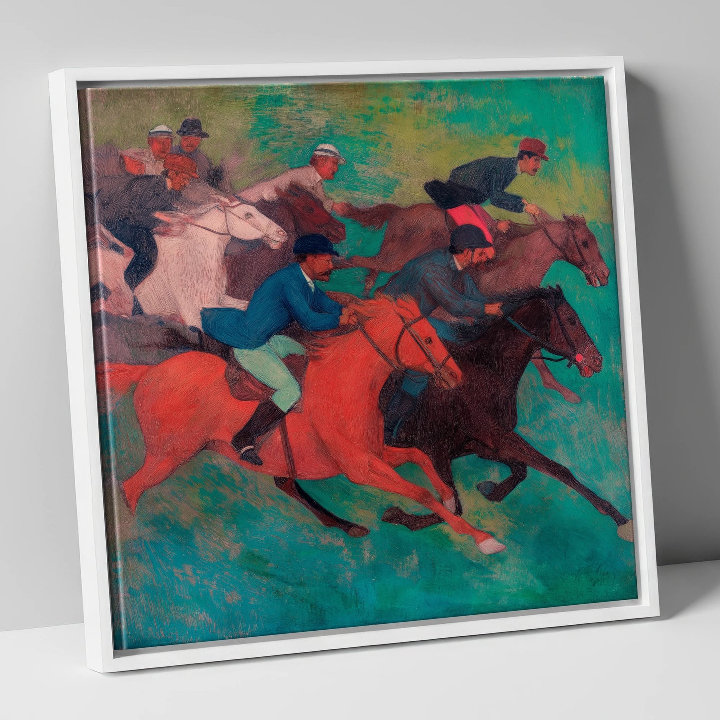 The Crimson Stride racing horse canvas wall art in white frame