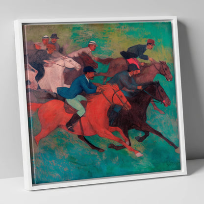 The Crimson Stride racing horse canvas wall art in white frame