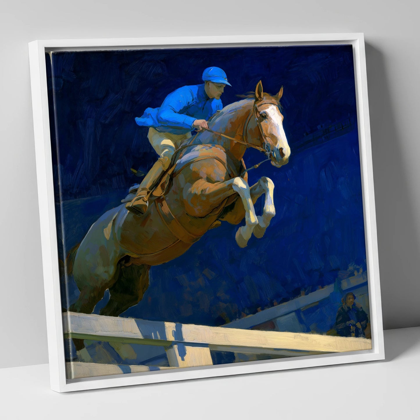 Bold Cobalt Clearance show jumping horse canvas wall art in white frame