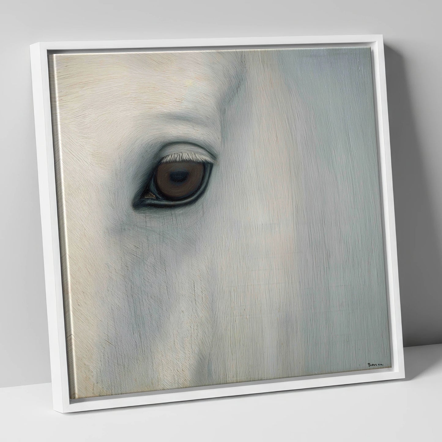 Quiet Gaze of the Grey horse portrait canvas wall art in white frame