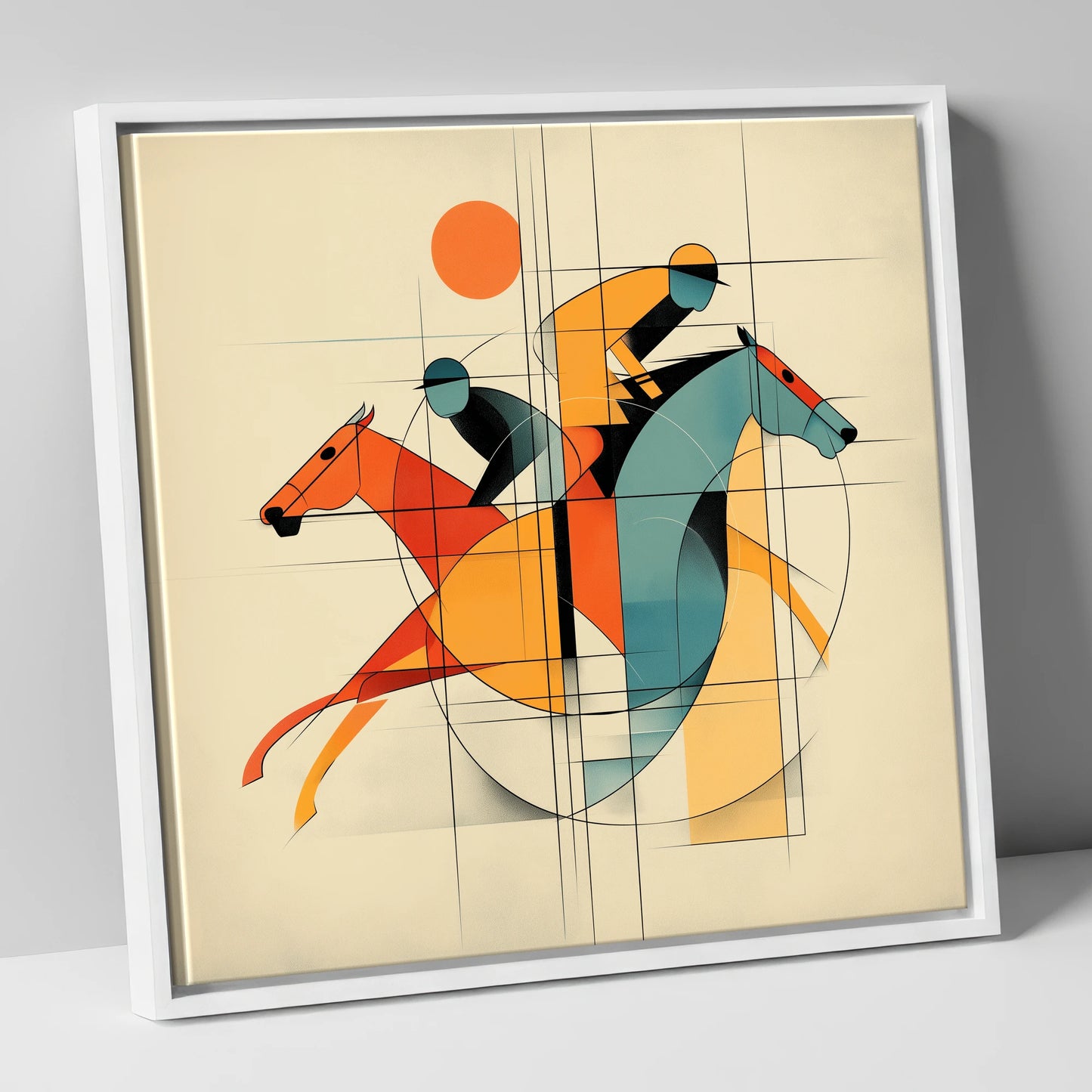Geometry of the Gallop racing horse canvas wall art in white frame