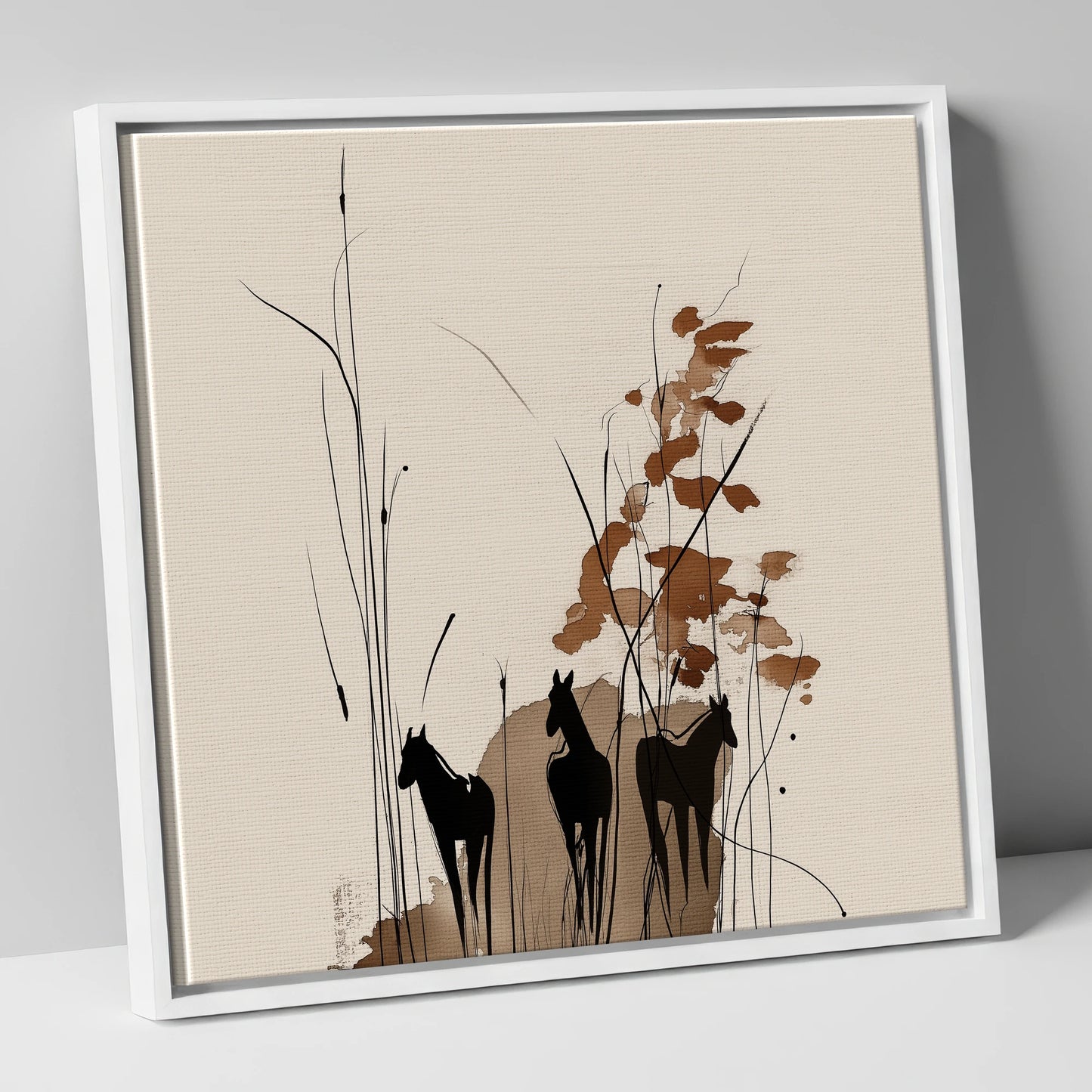 Serenity in the Reeds wild horses canvas wall art in white frame