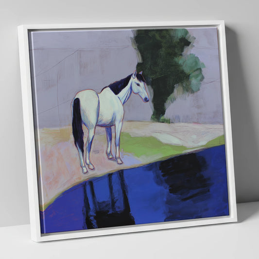 Indigo Reflections horse landscape canvas wall art in white frame