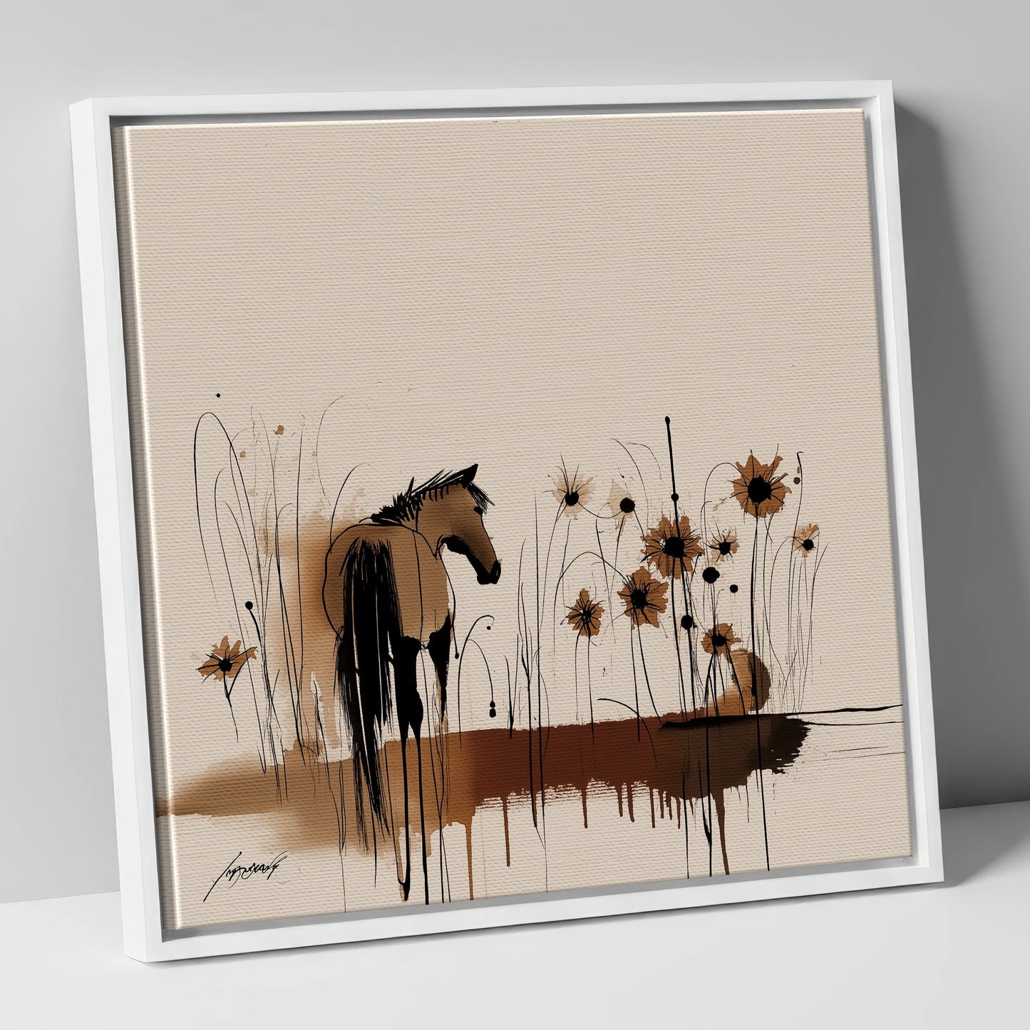 Sepia Meadow Silhouette horse landscape canvas wall art in white frame