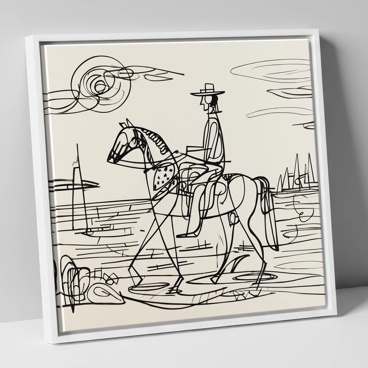 Abstract Coastal Ride beach horse canvas wall art in white frame