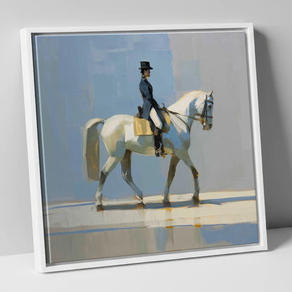 Collected Grace in Blue dressage horse canvas wall art in white frame