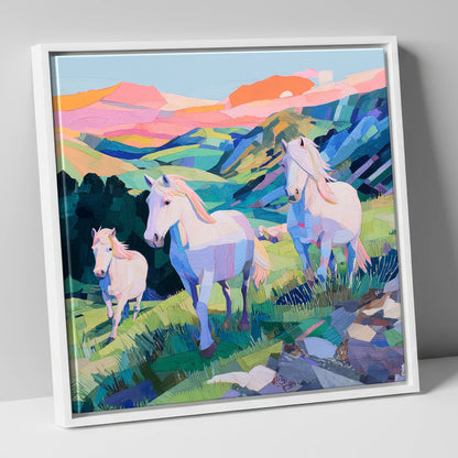 Vibrant Valley Herd horse landscape canvas wall art in white frame