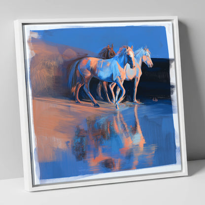 Wild Reflections at Dawn wild horses canvas wall art in white frame