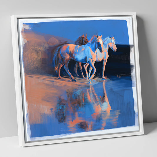 Wild Reflections at Dawn wild horses canvas wall art in white frame
