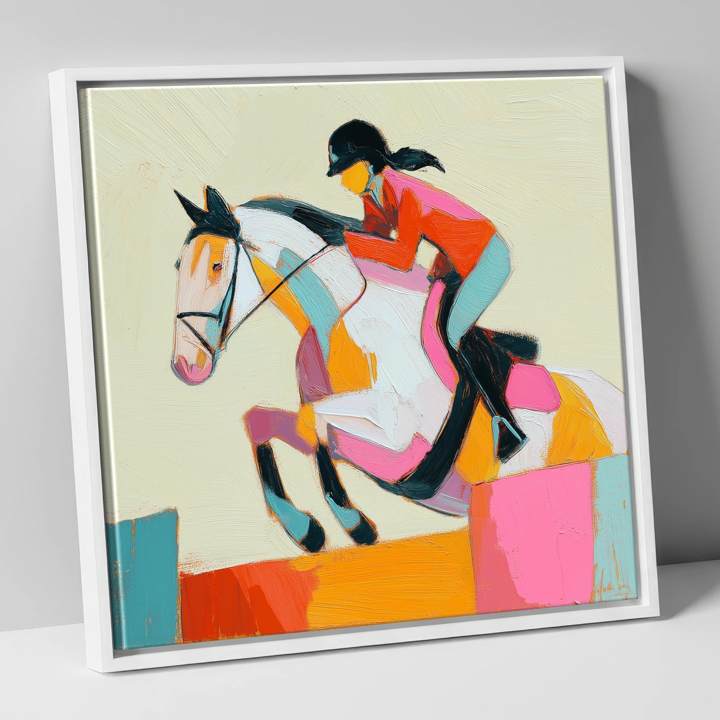 Painted Flight show jumping horse canvas wall art in white frame