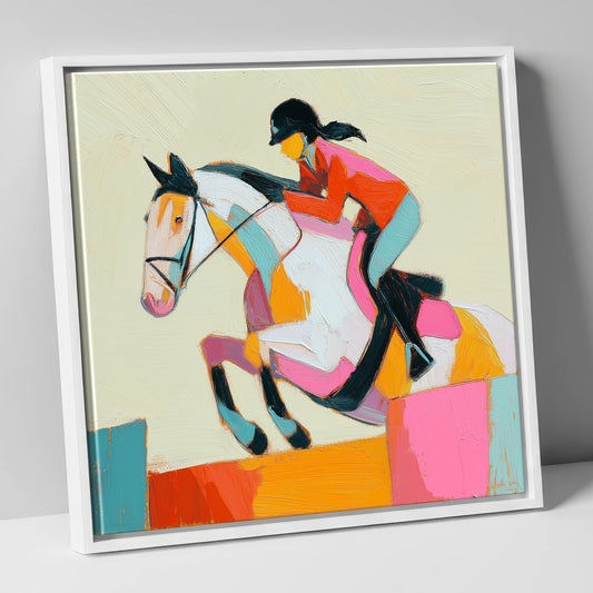 Painted Flight show jumping horse canvas wall art in white frame
