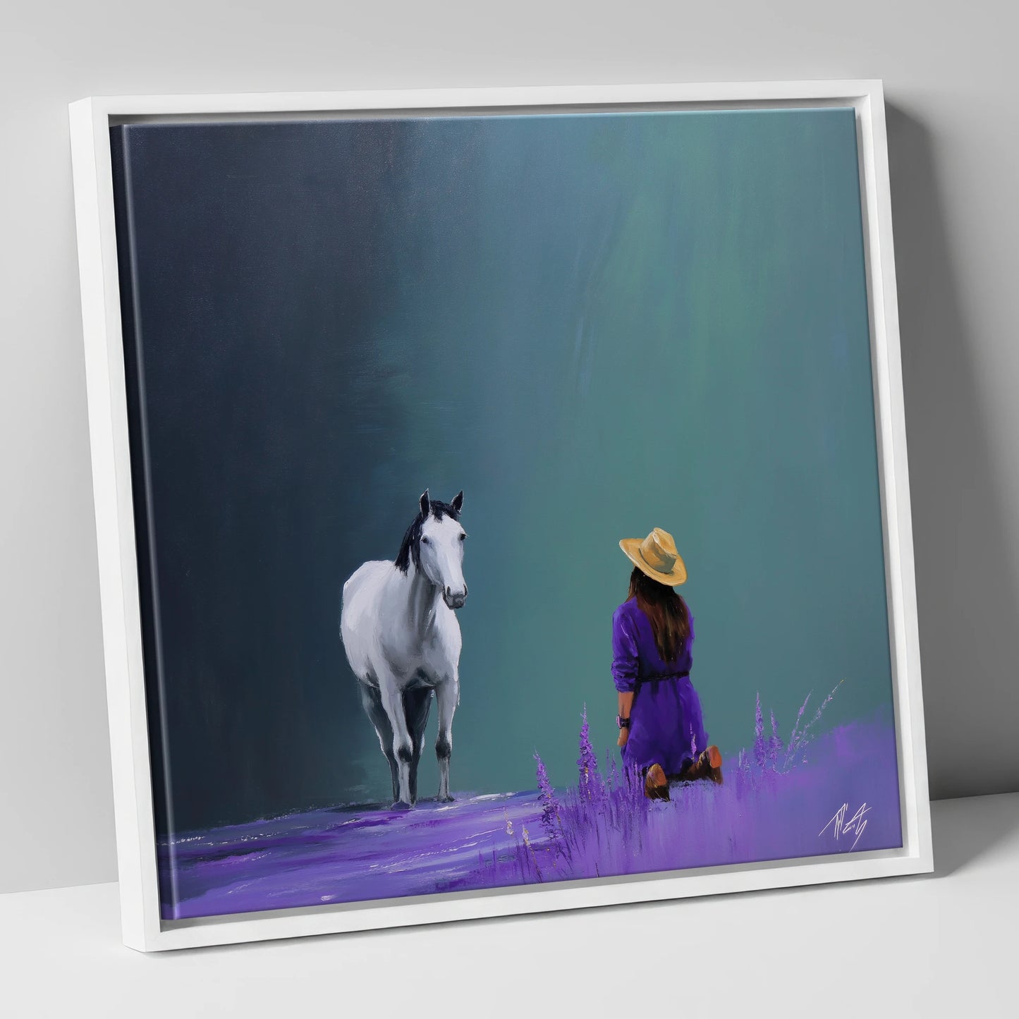 Silent Communion horse & rider canvas wall art in white frame