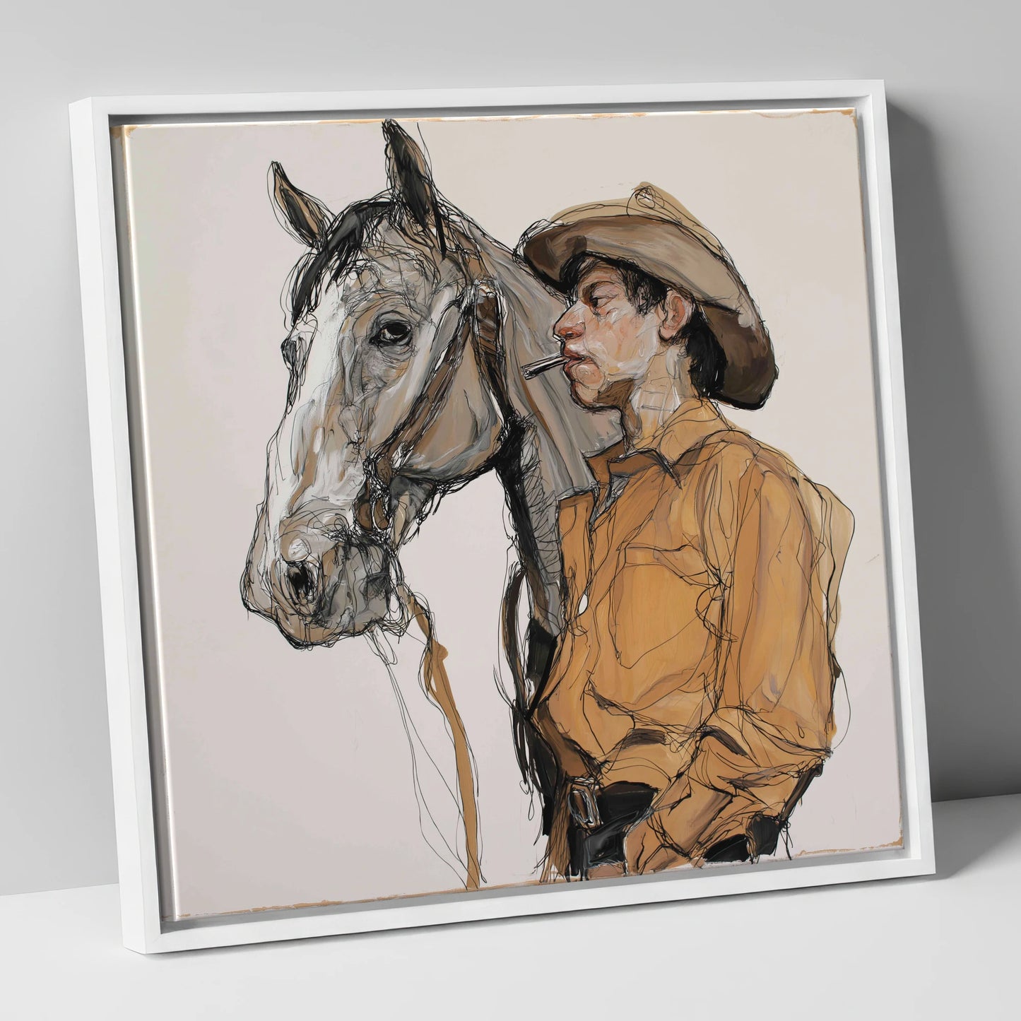 The Silent Bond western horse canvas wall art in white frame
