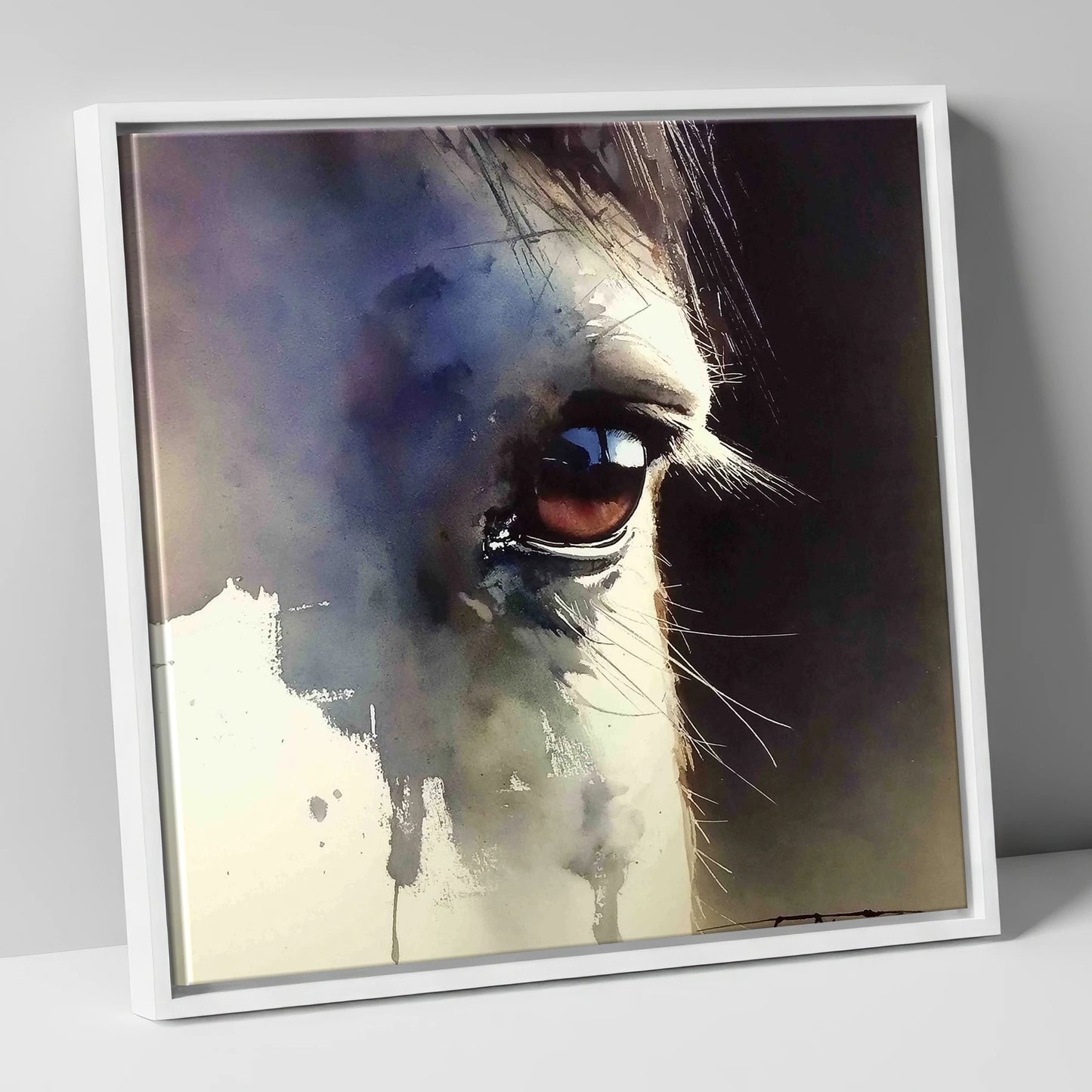 Indigo Gaze horse portrait canvas wall art in white frame