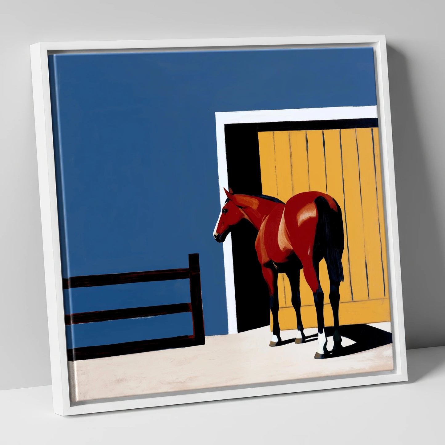 Chestnut at the Door horse stable canvas wall art in white frame