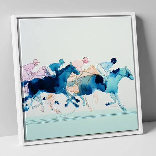 Fluid Racing Strides racing horse canvas wall art in white frame