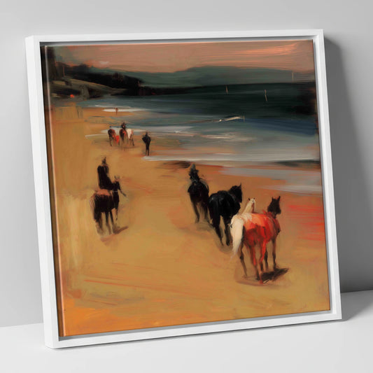 Twilight Coastal Hack horse landscape canvas wall art in white frame