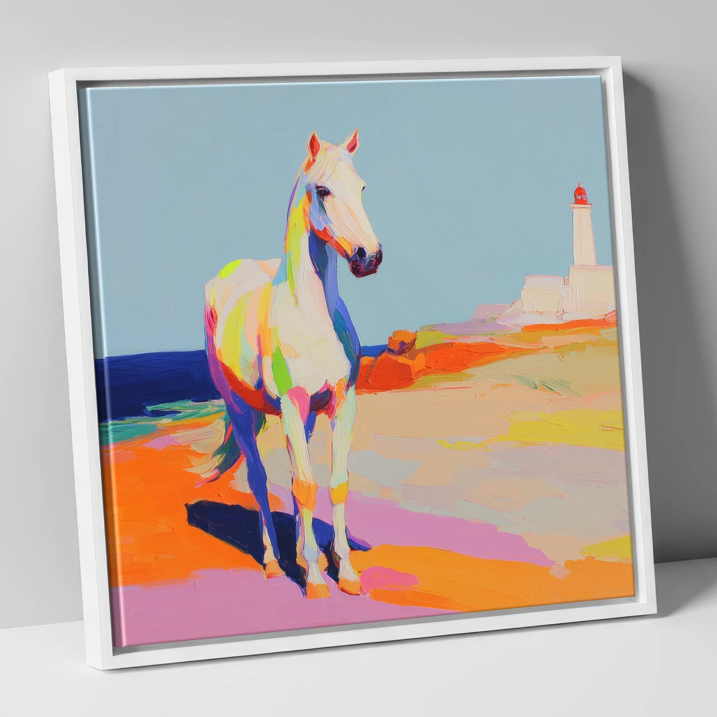 Vibrant Coastal Equine horse landscape canvas wall art in white frame