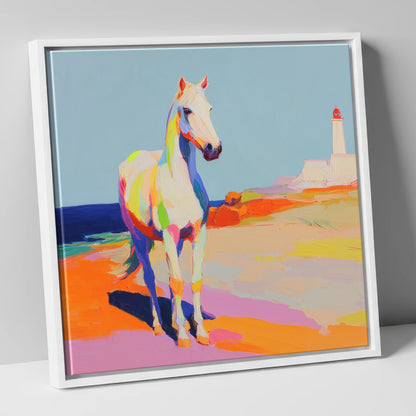 Vibrant Coastal Equine horse landscape canvas wall art in white frame