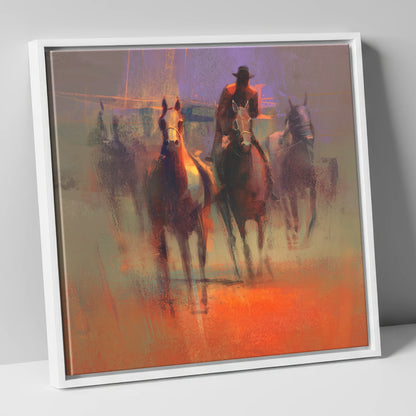 Through the Morning Dust racing horse canvas wall art in white frame