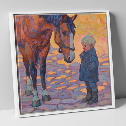 The Gentle Encounter horse & rider canvas wall art in white frame