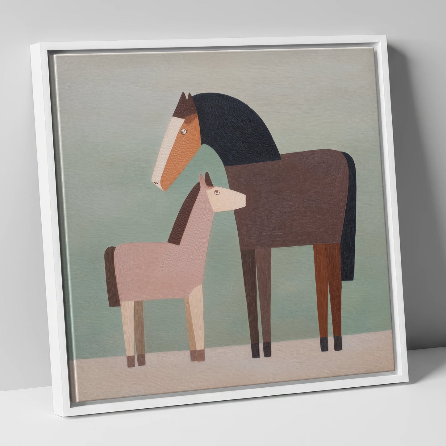 Quiet Companions mare & foal canvas wall art in white frame