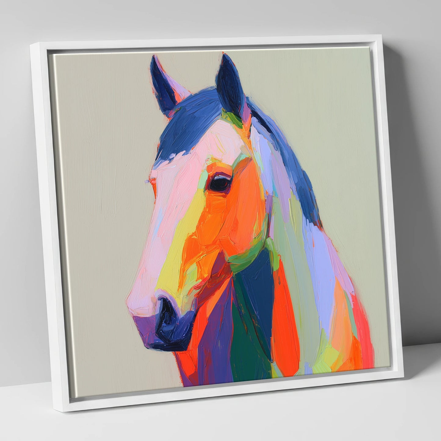 Vivid Technicolour Spirit horse portrait canvas wall art in white frame