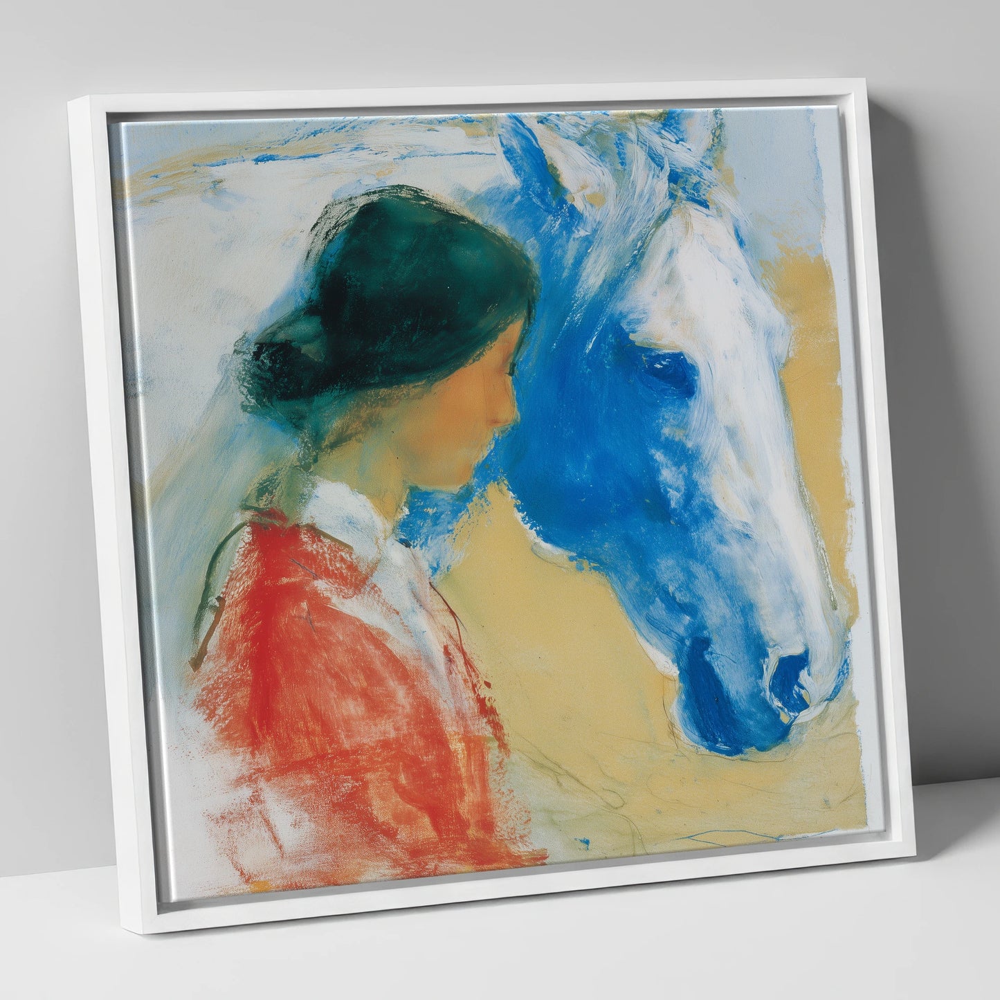 The Cobalt Companion horse & rider canvas wall art in white frame
