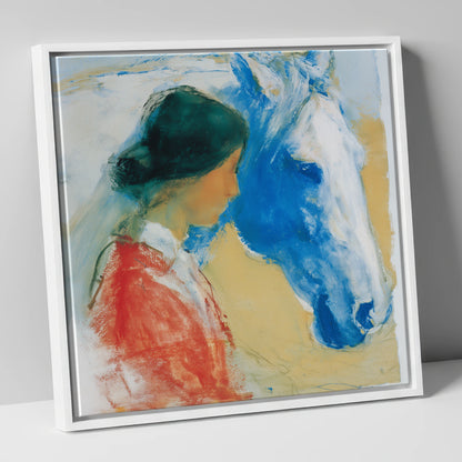 The Cobalt Companion horse & rider canvas wall art in white frame