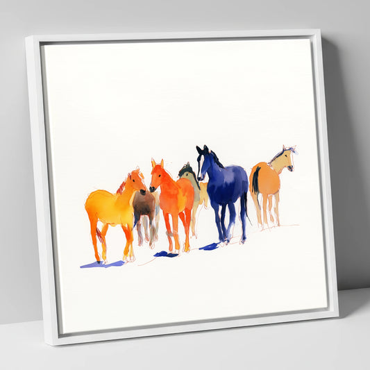 Vibrant Herd horse landscape canvas wall art in white frame