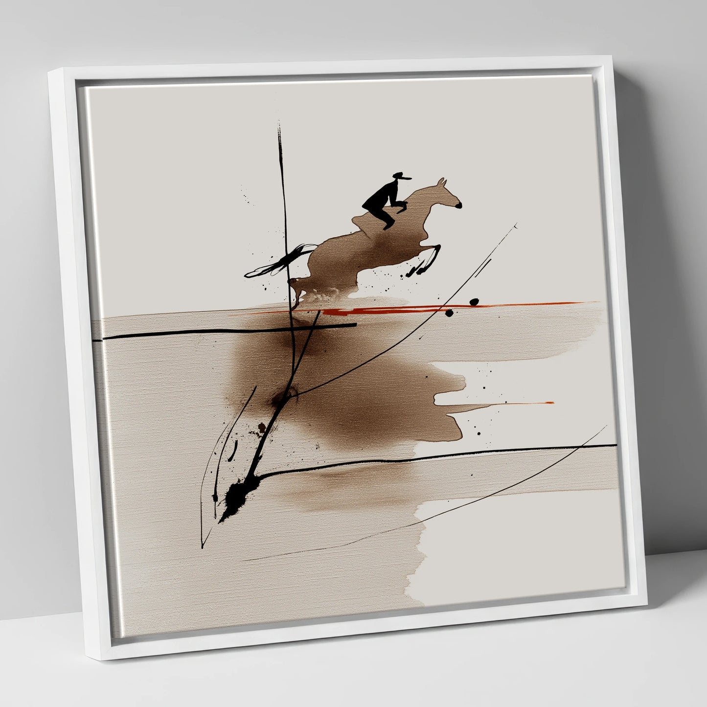Sepia Suspension show jumping horse canvas wall art in white frame