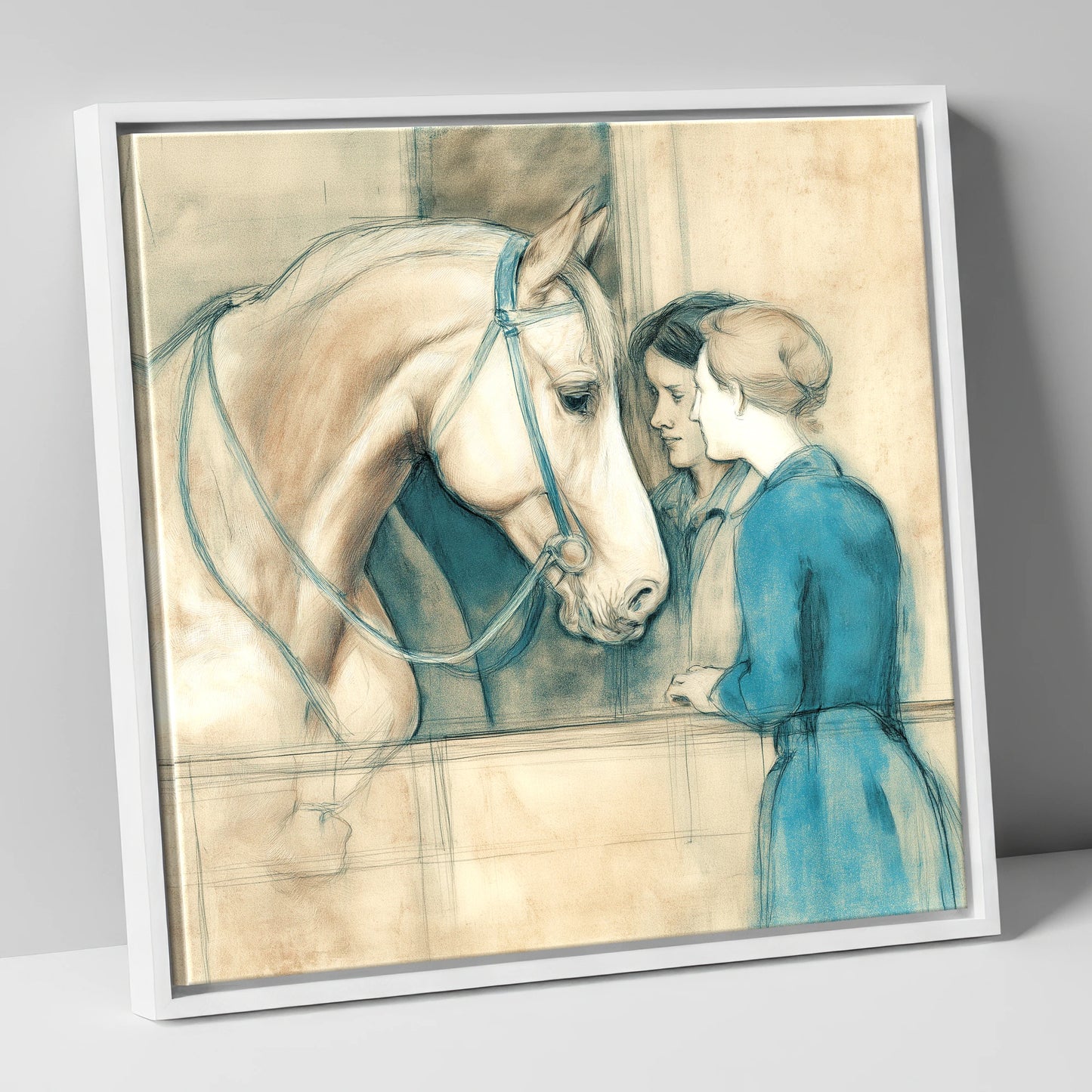 A Gentle Exchange horse & rider canvas wall art in white frame