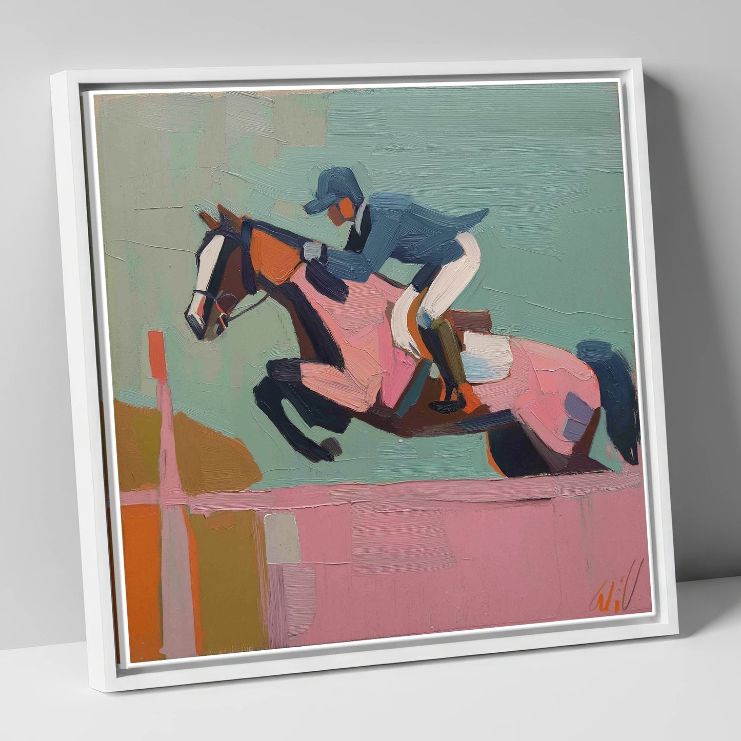 Apex of the Arc show jumping horse canvas wall art in white frame