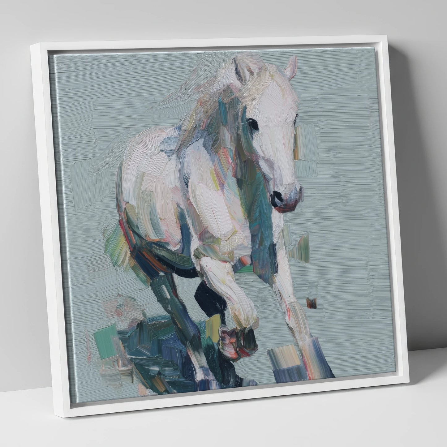 Expressive Grey Canter horse breed canvas wall art in white frame