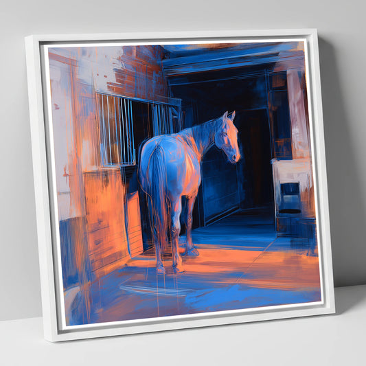 Quiet Light in the Yard horse stable canvas wall art in white frame