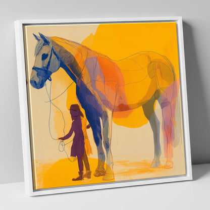 Golden Harmony horse & rider canvas wall art in white frame