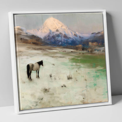 Alpine Solitude horse landscape canvas wall art in white frame