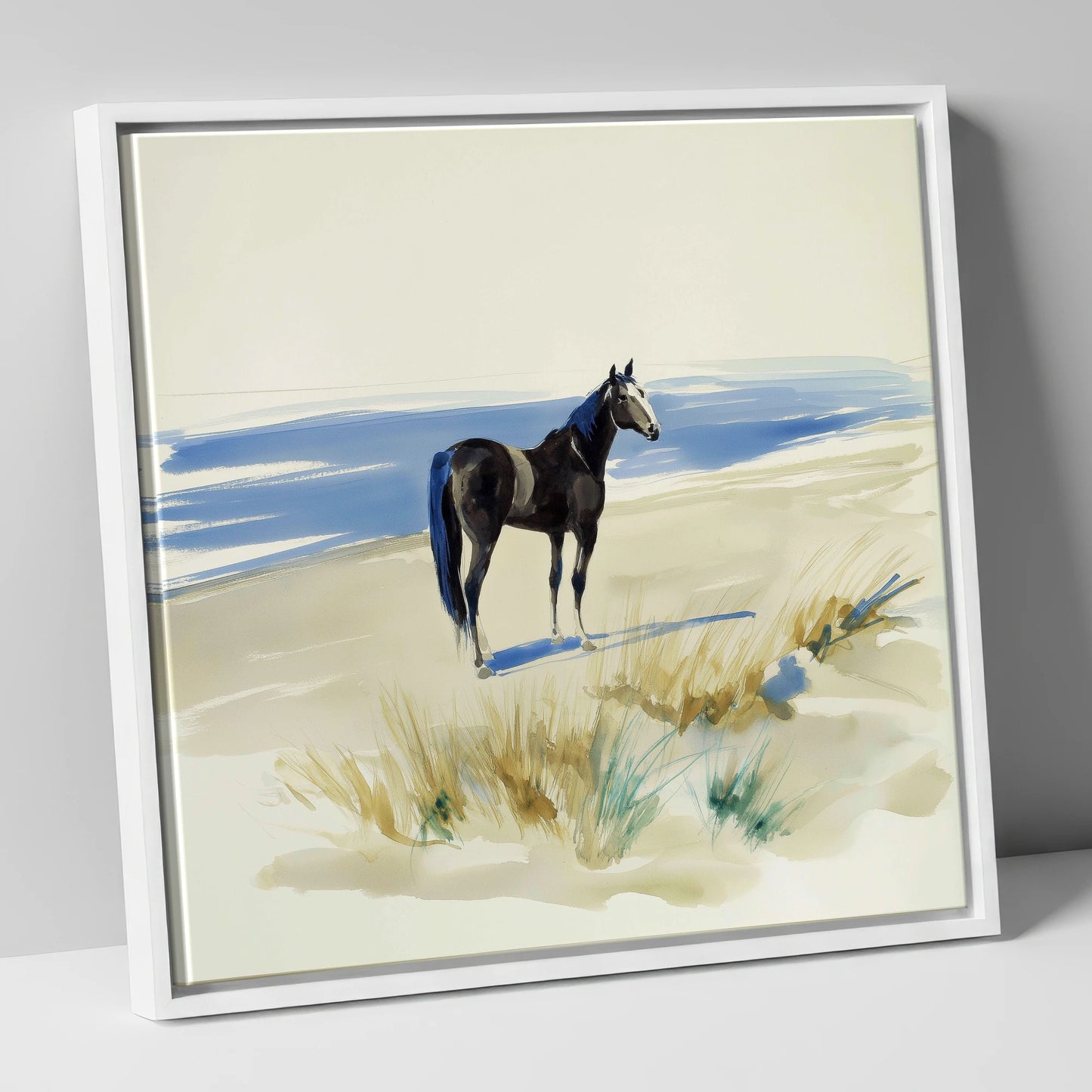 Coastal Silhouette horse landscape canvas wall art in white frame