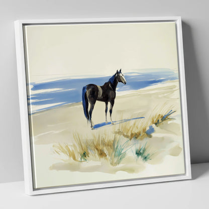 Coastal Silhouette horse landscape canvas wall art in white frame