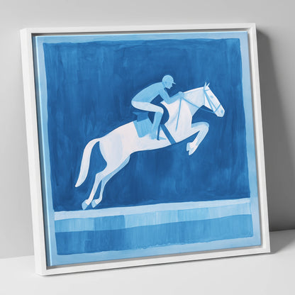 Azure Leap show jumping horse canvas wall art in white frame