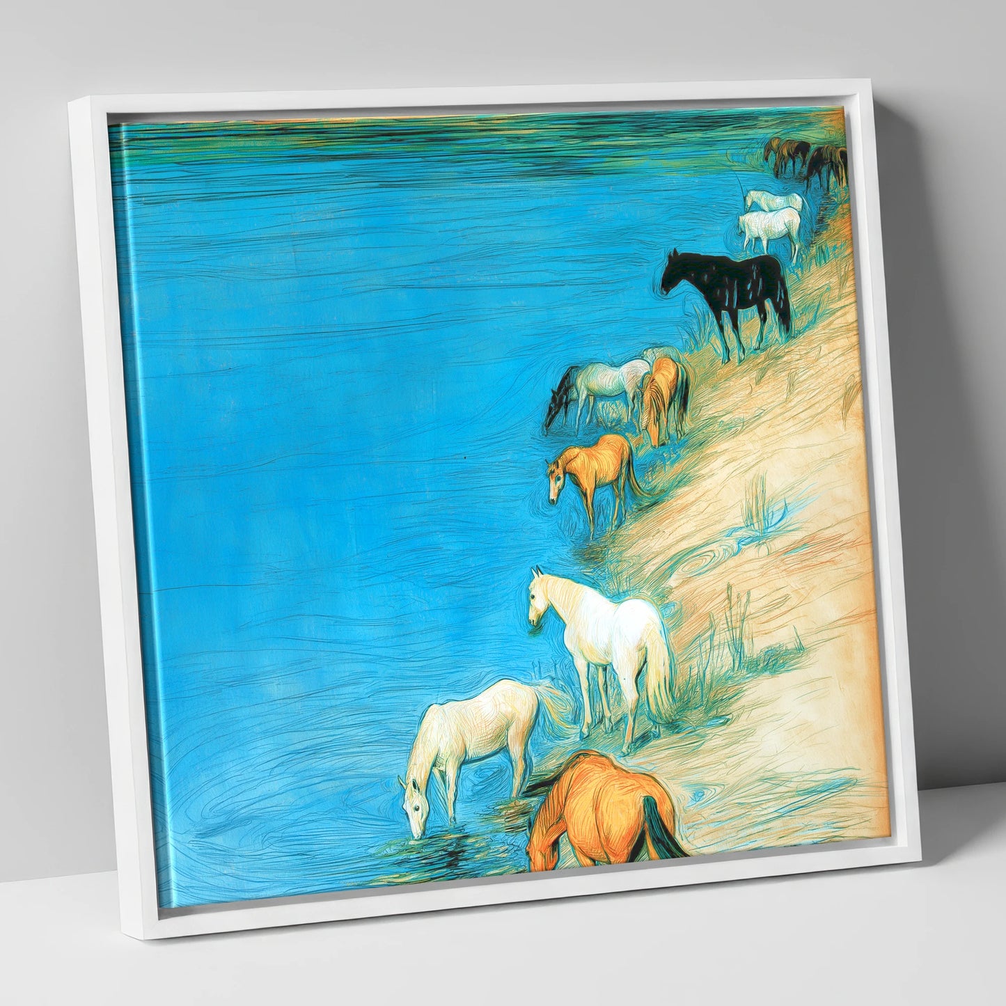 Cerulean River Herd wild horses canvas wall art in white frame